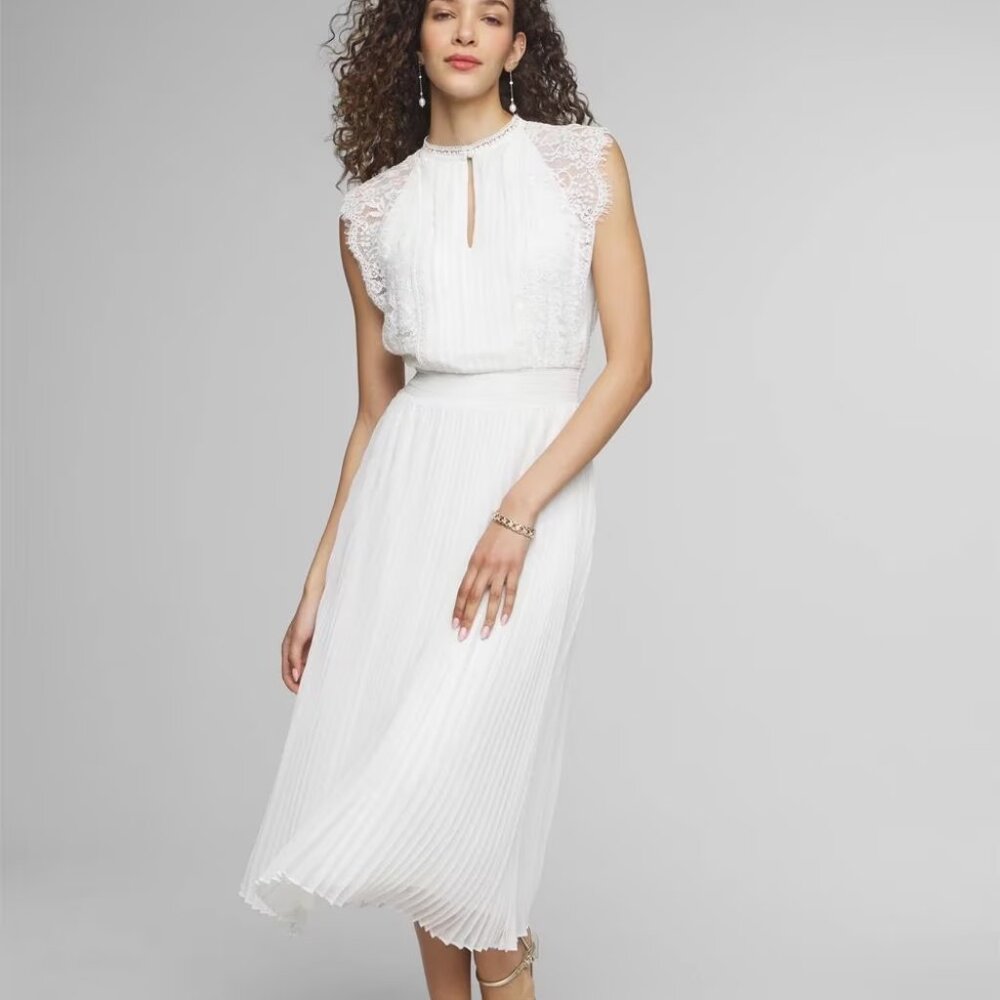 White House Black Market Cream Pleated Midi Dress Mock Neck